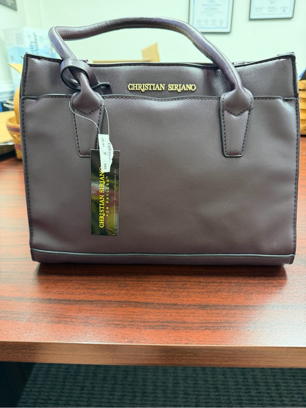Christian Siriano Deep Plum Structured Satchel with Gold Logo